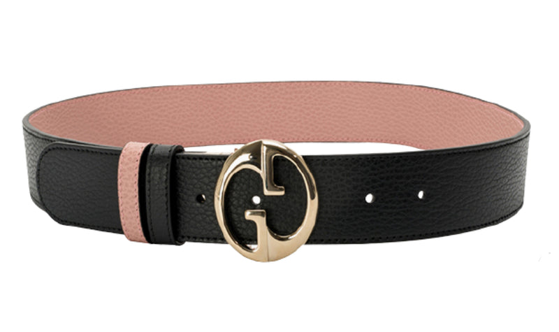 Gucci 1973 Reversible Belt — Black/Pink Leather, Interlocking G Buckle — Style 450000 (Size 70)