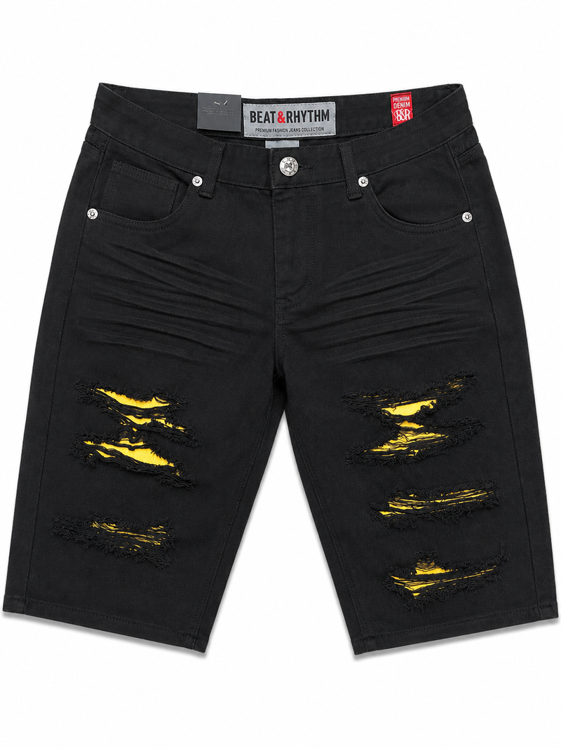 DP258 Black | Beat & Rhythm Gold-Backed Rip & Repair Denim Shorts