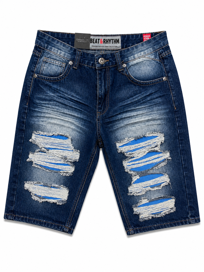 DP258 Indigo | Beat & Rhythm Blue-Backed Rip & Repair Denim Shorts