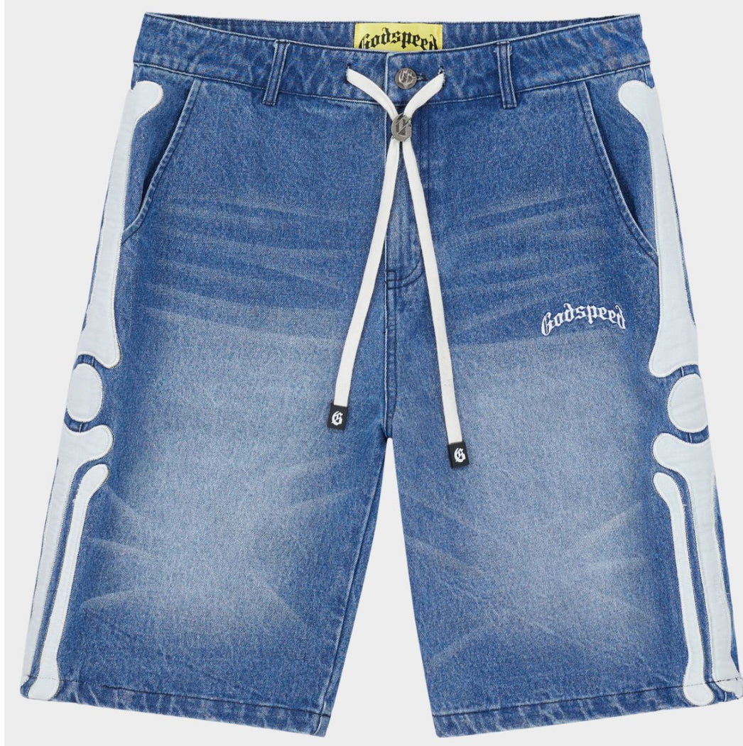 Godspeed Femur Denim Shorts in Blue with bone logo embroidery
