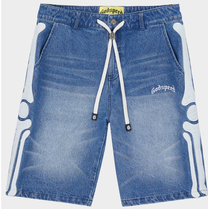 Godspeed Femur Denim Shorts in Blue with bone logo embroidery