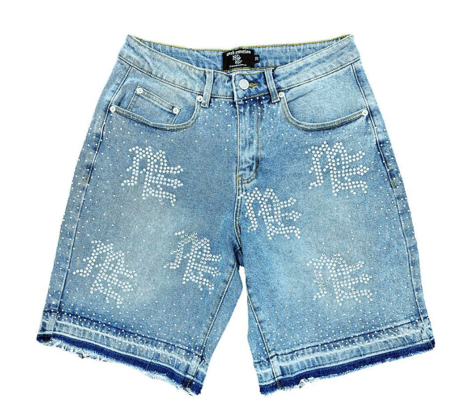 Mixed Emotion Blue 'ME' Rhinestone Denim Shorts