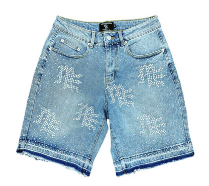 Mixed Emotion Blue 'ME' Rhinestone Denim Shorts