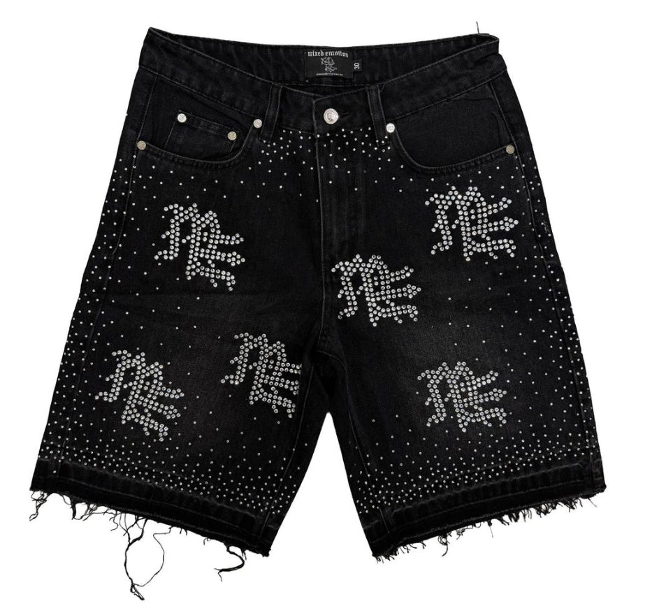 Mixed Emotion Black 'ME' Rhinestone Denim Shorts