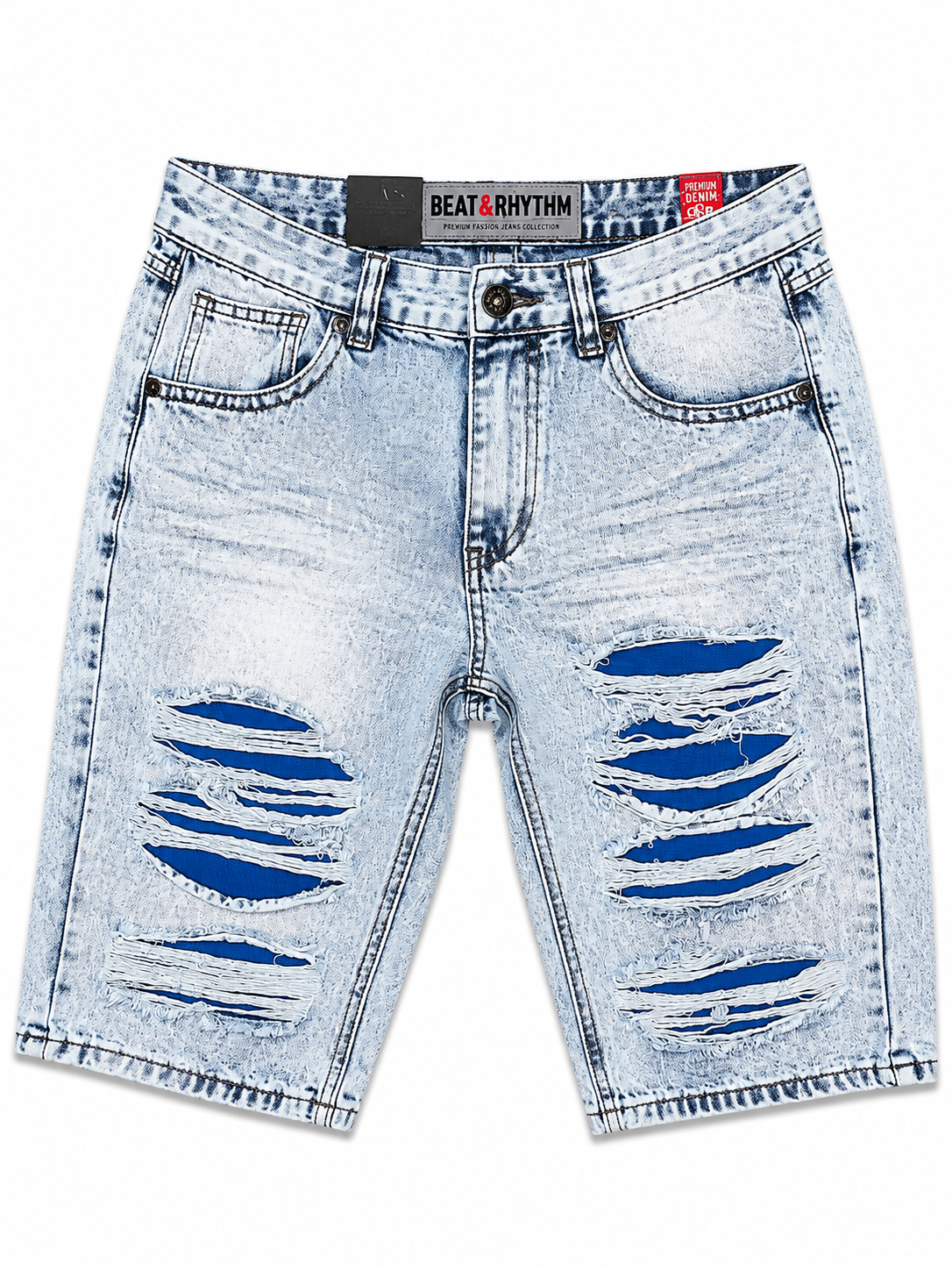 DP258 Ice Blue | Beat & Rhythm Blue-Backed Rip & Repair Denim Shorts