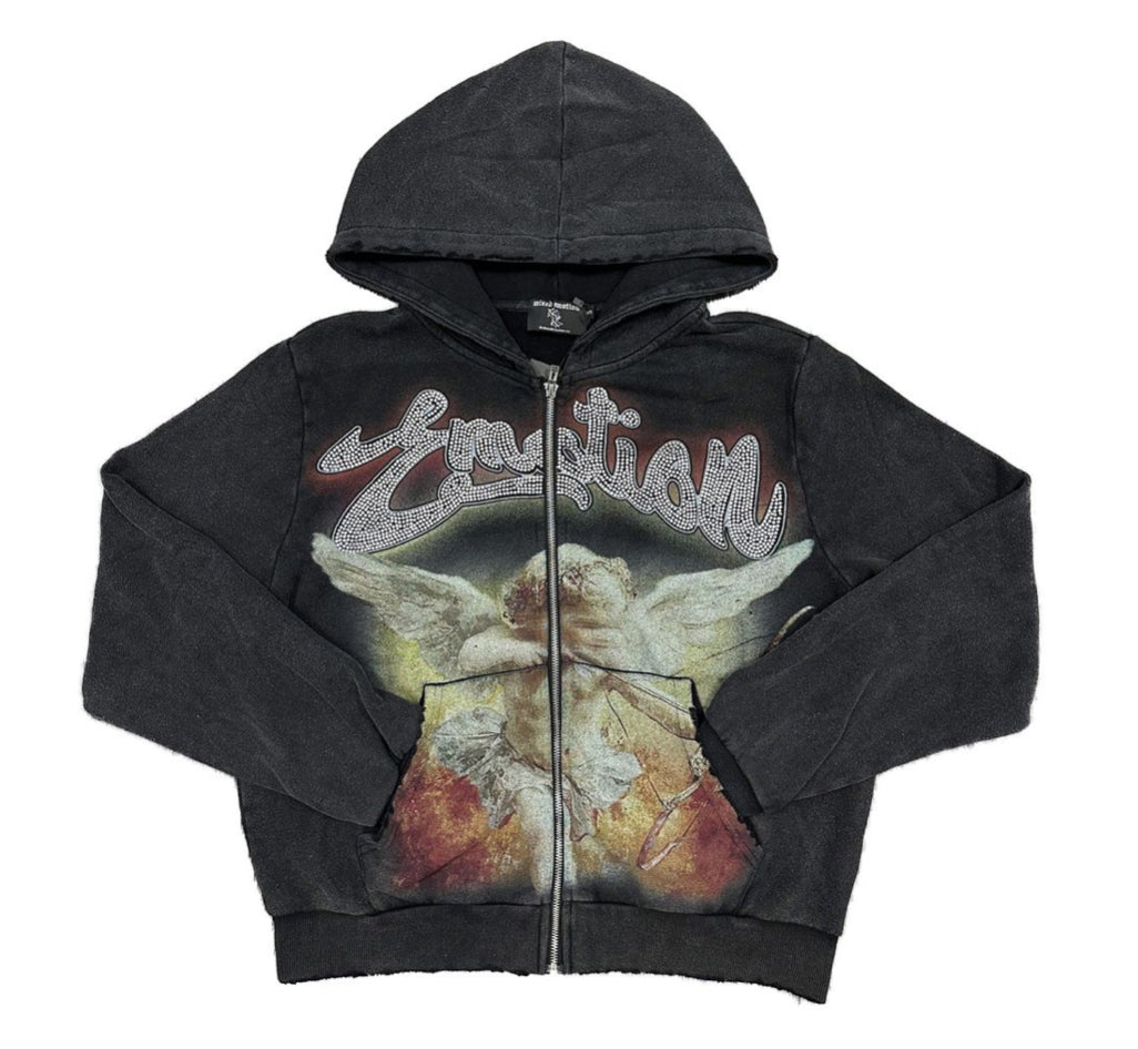 Mixed Emotion Black 'Rhinestone' Acid Wash Hoodie