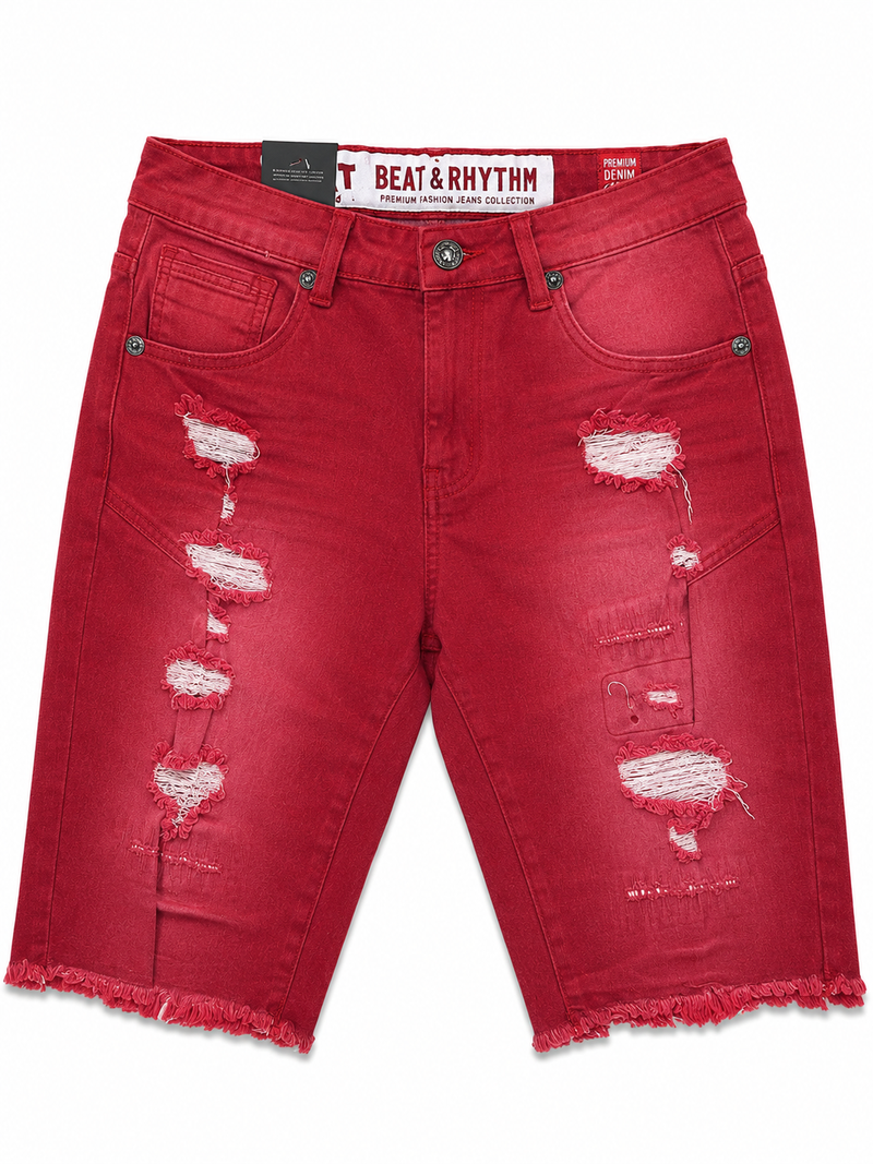 DP256R Red | Beat & Rhythm Faded Red Distressed Denim Shorts
