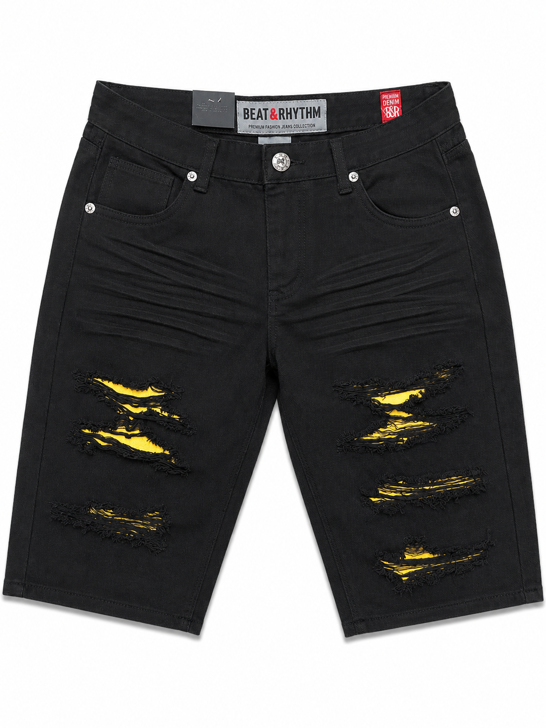 DP258 Black | Beat & Rhythm Gold-Backed Rip & Repair Denim Shorts