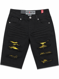 DP258 Black | Beat & Rhythm Gold-Backed Rip & Repair Denim Shorts