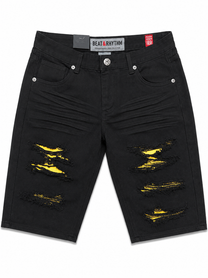 DP258 Black | Beat & Rhythm Gold-Backed Rip & Repair Denim Shorts