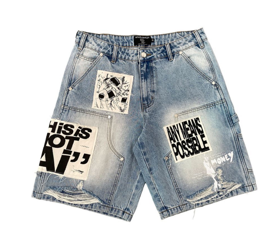 Mixed Emotion Blue 'AI' Denim Shorts