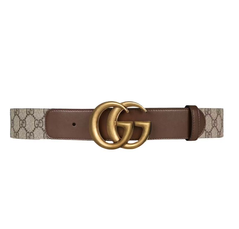 Gucci GG Belt with Double G Buckle — GG Supreme Canvas & Brown Leather — Style 400593 (Size 75)