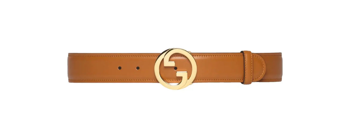 Gucci Blondie Leather Belt — Tan Calfskin, Interlocking G Buckle — Style 690557 (Size 70)
