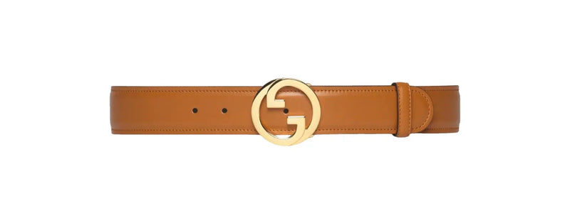 Gucci Blondie Leather Belt — Tan Calfskin, Interlocking G Buckle — Style 690557 (Size 70)