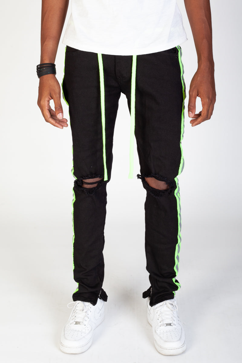KNB3160 Black/Lime | KDNK Reflective Tape Ripped Skinny Jeans