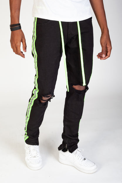 KNB3160 Black/Lime | KDNK Reflective Tape Ripped Skinny Jeans
