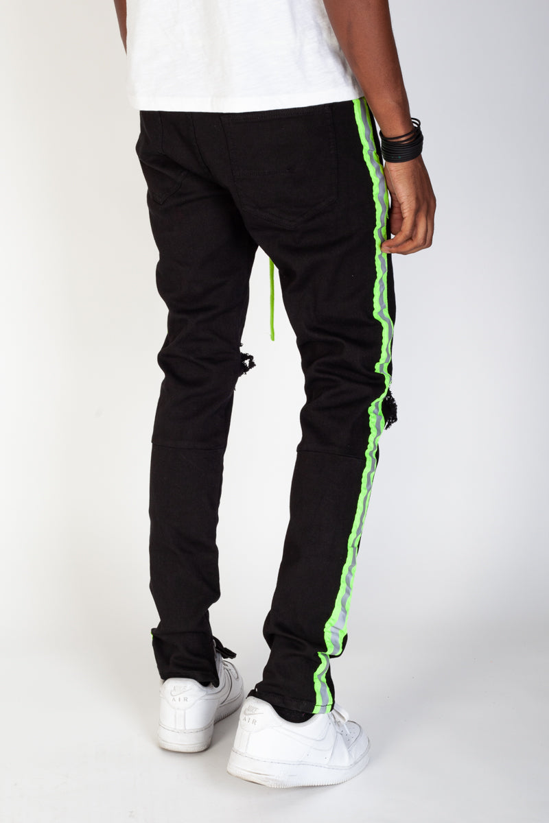 KNB3160 Black/Lime | KDNK Reflective Tape Ripped Skinny Jeans