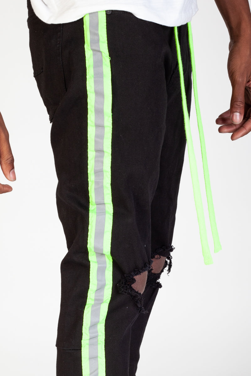 KNB3160 Black/Lime | KDNK Reflective Tape Ripped Skinny Jeans