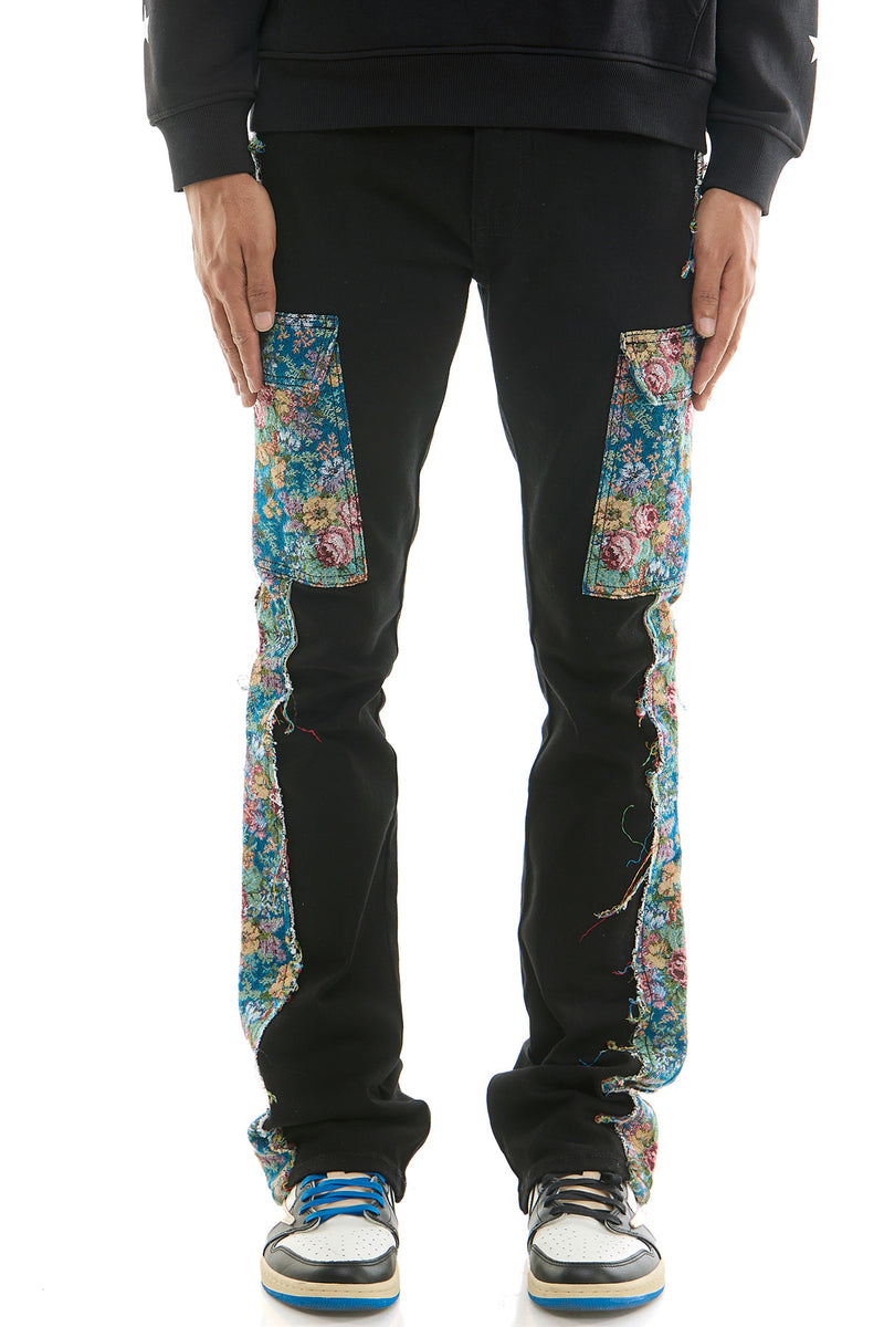 KNB3419 Black | KDNK Tapestry Stacked Skinny Flare Pants