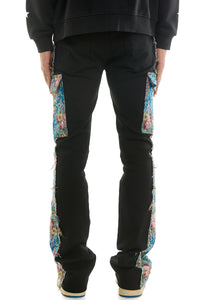 KNB3419 Black | KDNK Tapestry Stacked Skinny Flare Pants