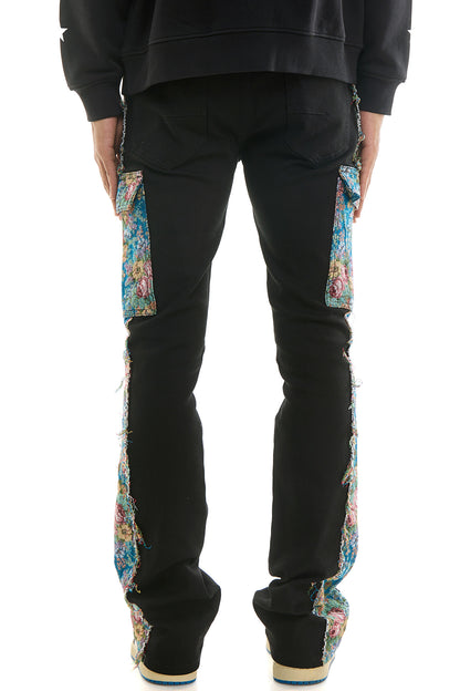 KNB3419 Black | KDNK Tapestry Stacked Skinny Flare Pants