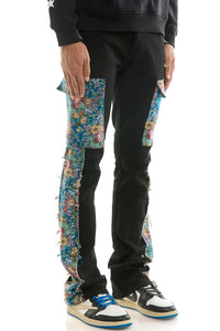KNB3419 Black | KDNK Tapestry Stacked Skinny Flare Pants