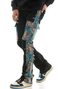 KNB3419 Black | KDNK Tapestry Stacked Skinny Flare Pants