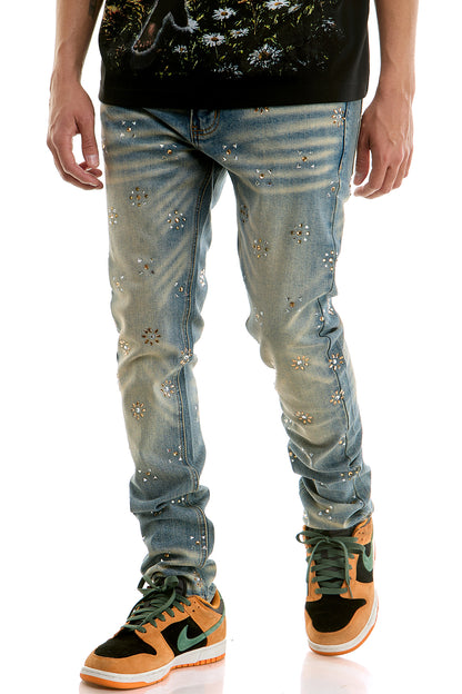 KND4987 Dk.Blue | KDNK Patterned Rhinestone Jeans