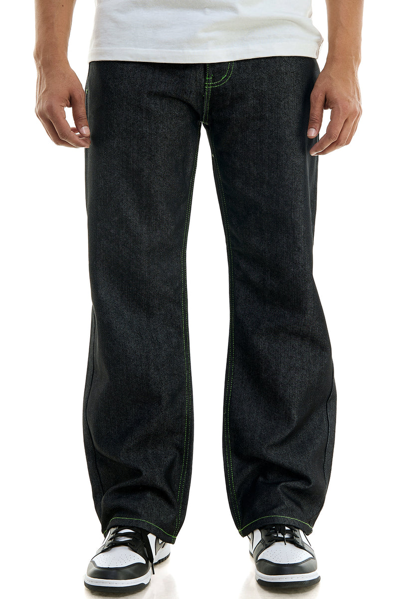 RJ168 Black/Green | KDNK Color-Stitch Raw Denim Jeans
